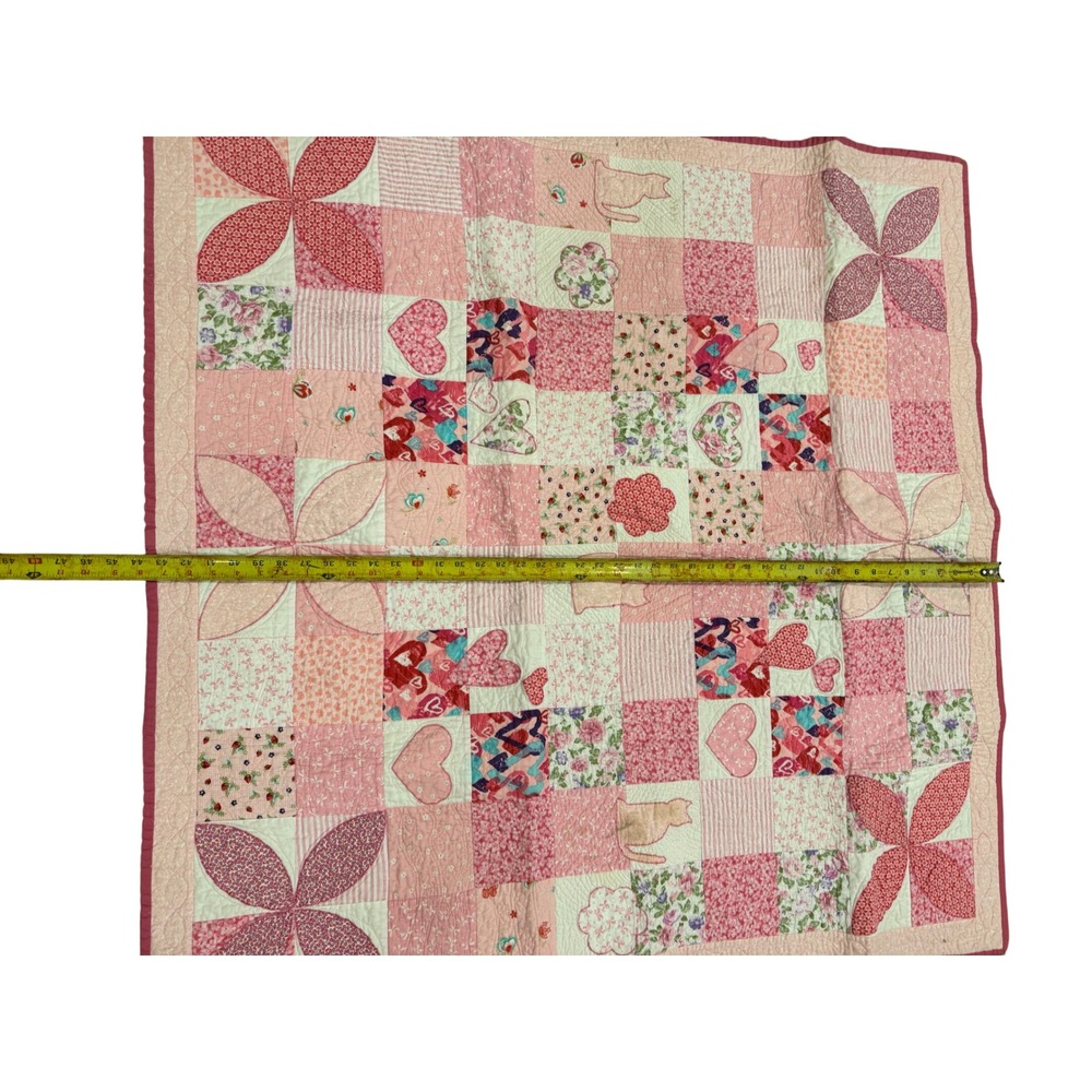Handmade Pink Patchwork Quilt Cat Heart Floral Applique Nursery Blanket 44x44 - Picture 6 of 14